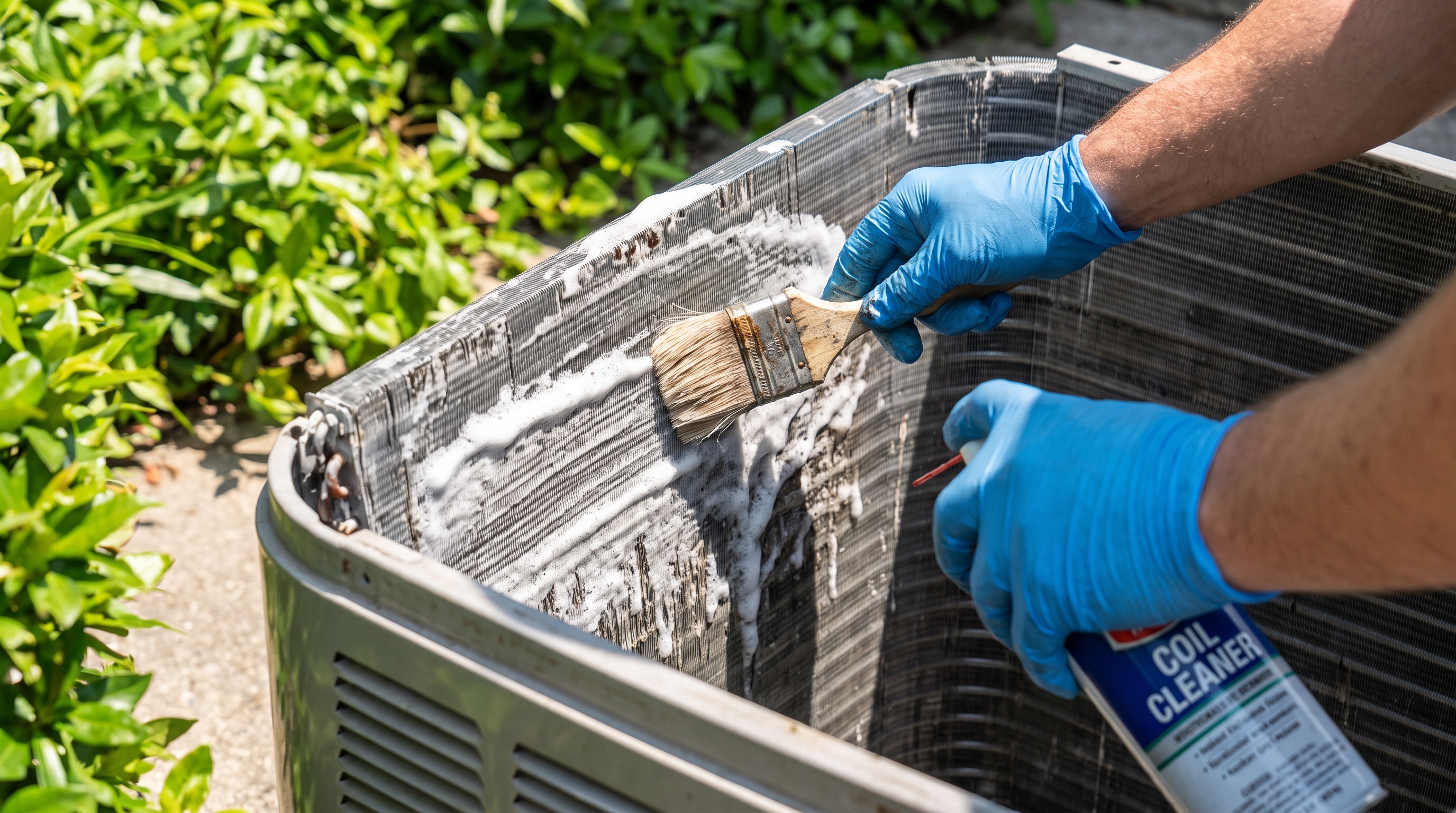 Foaming coil cleaner being applied to AC condenser coils