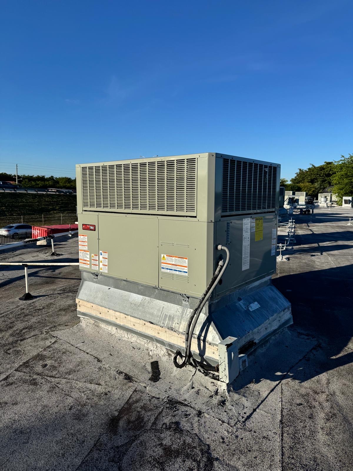Rooftop package unit serviced by Skyline HVAC on a Miami commercial roof