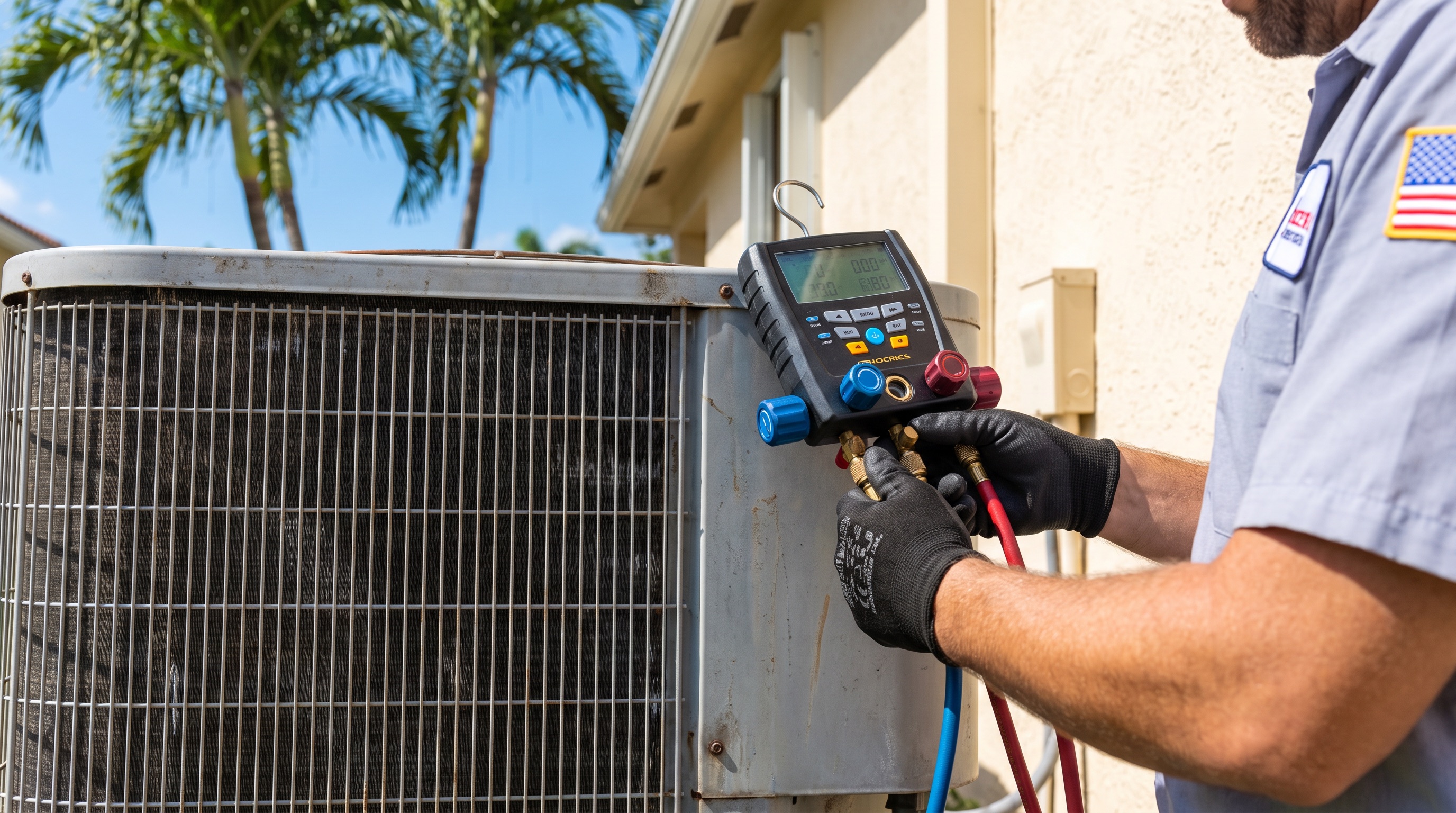 HVAC gauges connected to a condenser during an AC maintenance tune-up