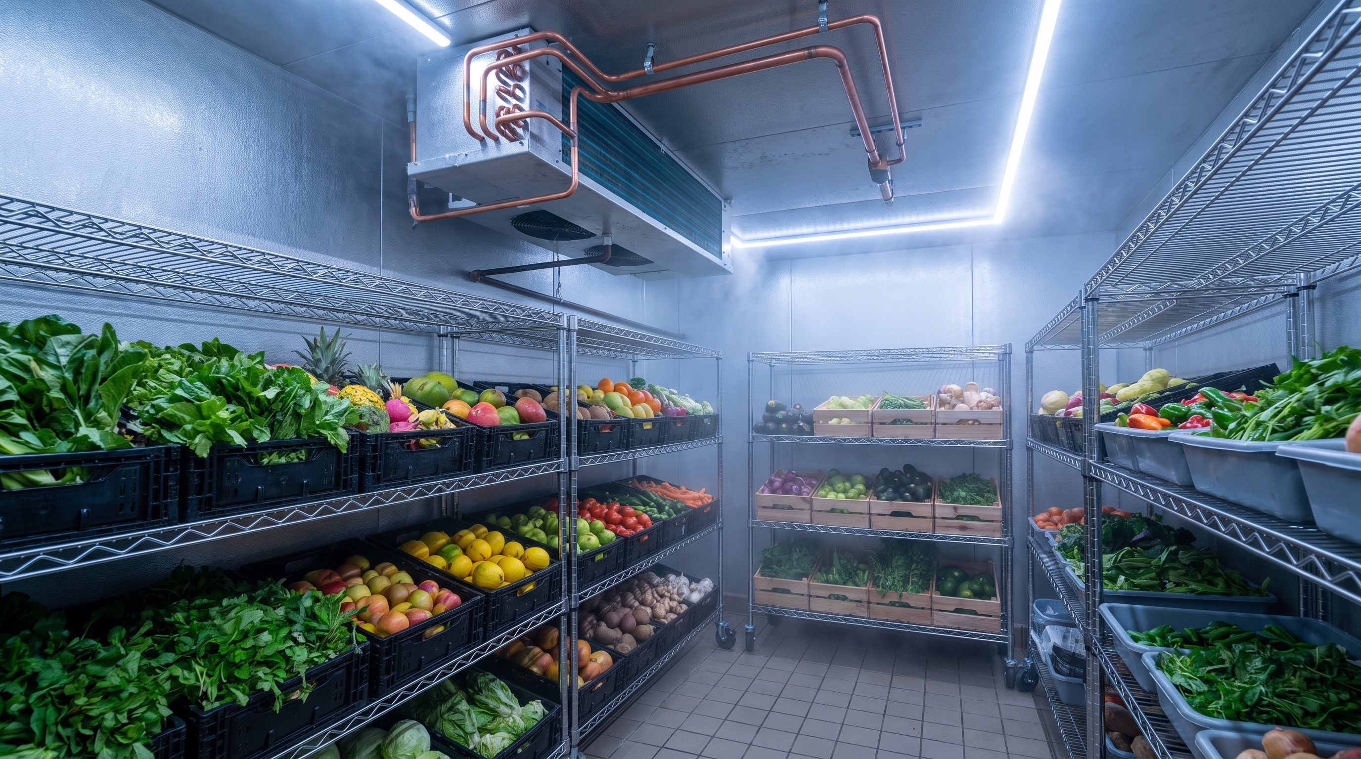 Commercial walk-in cooler interior with evaporator unit